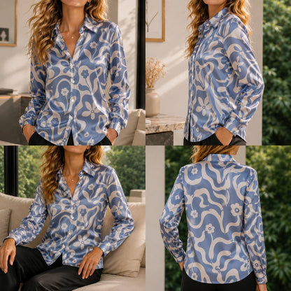 Women Green Satin Blouse White Floral Print Long Sleeve Button Down Shirt Elegant Spring Autumn Office Lady Top Casual Wear New