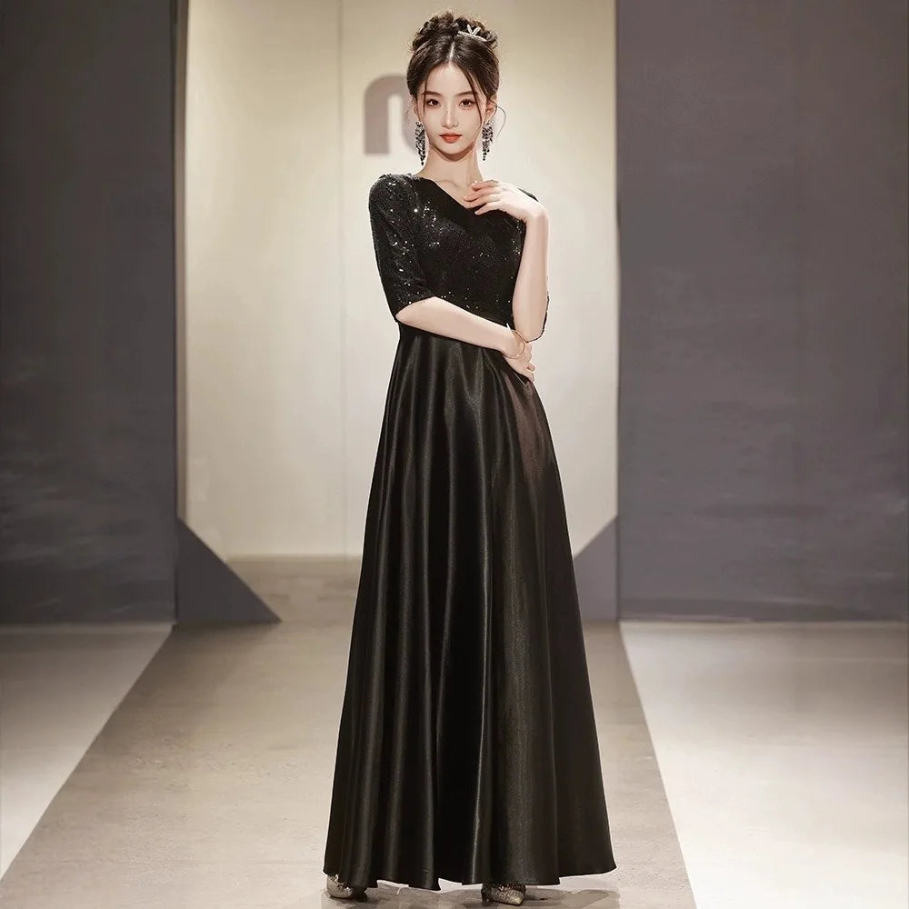 Black Wedding Dresses for Bride Elegant Sexy V Neck Sparkling Glitter Long Formal Prom Evening Guest Party Women Dress Summer