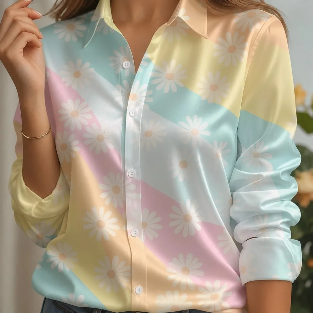 Women Satin Lapel Collar Shirt Pastel Striped Print Long Sleeve Loose Blouse Elegant Office Daily Casual Button Front Silk Feel
