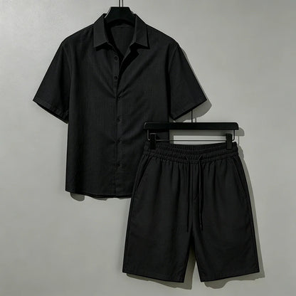 Men Linen Two Piece Outfit Short Sleeve Lapel Button Shirt Elastic Drawstring Shorts Summer Daily Seaside Vacation Casual Set