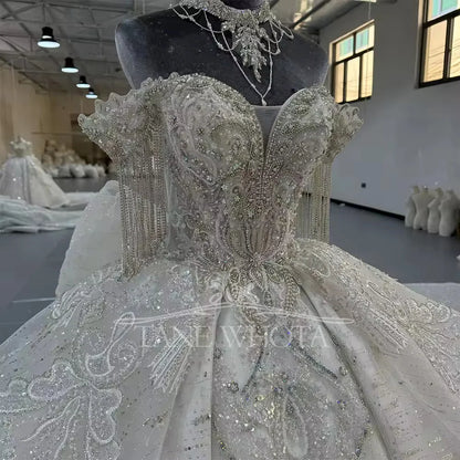 Robe De Marie Off Shoulder Tassel Sweetheart Beading Crystal Ball Gown Lace Elegant Wedding Dress