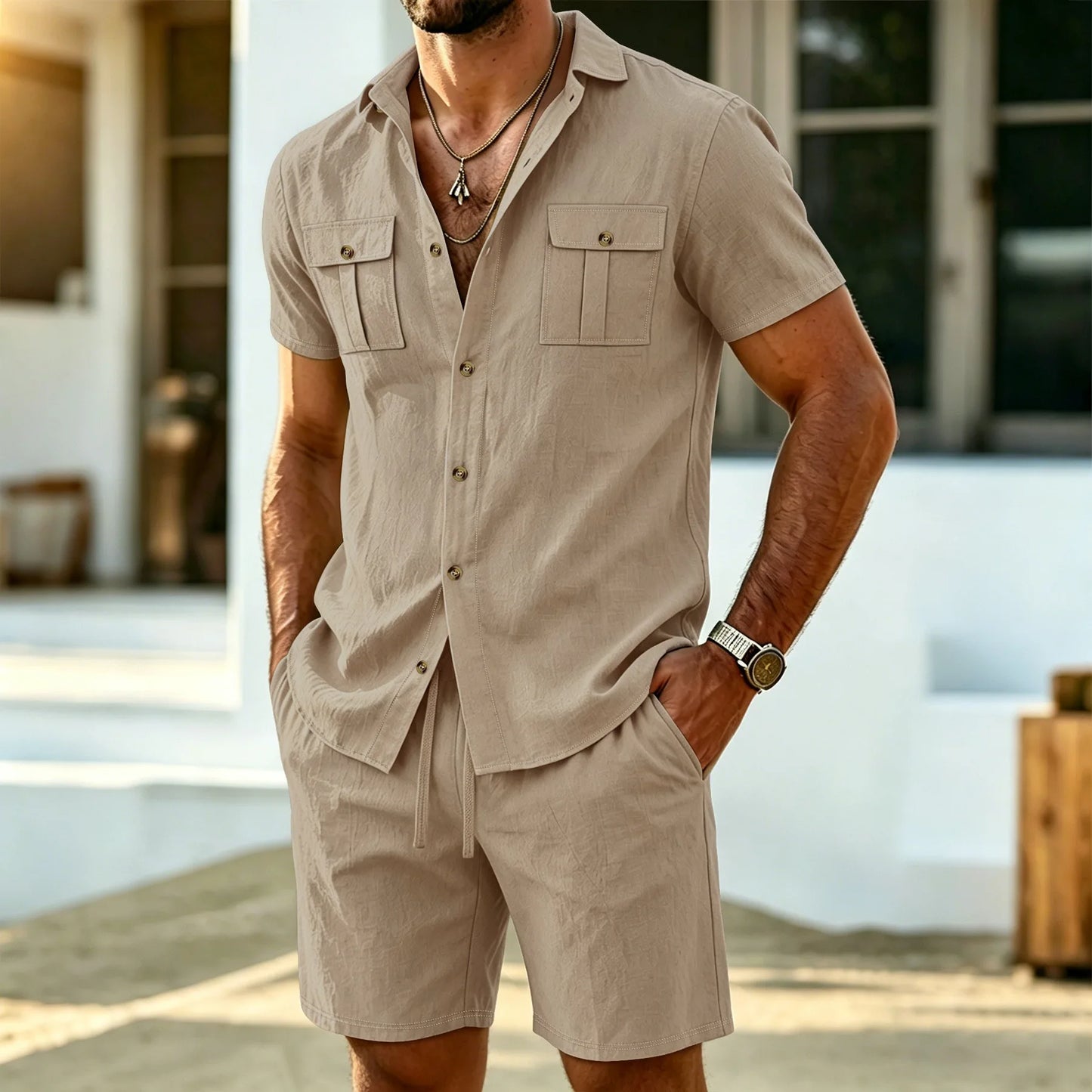 New summer men's linen outdoor casual 2-piece set - Business casual short-sleeved shirt + shorts beach sports breathable street