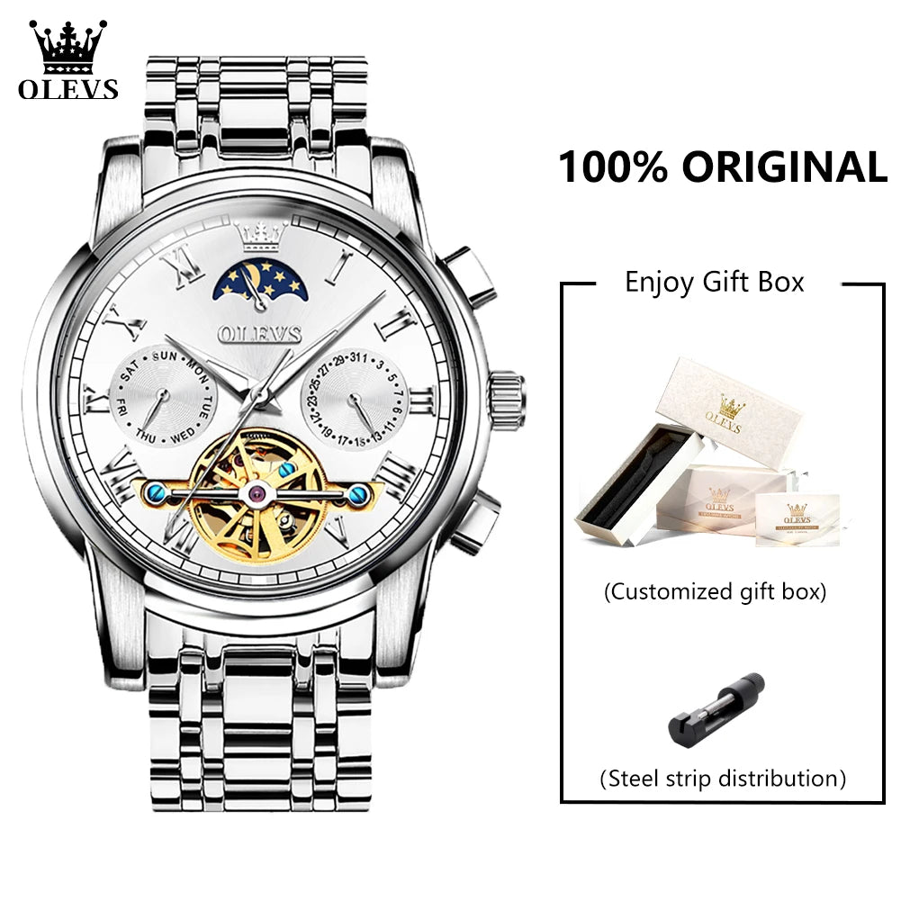 OLEVS 6617 Men's Classic Mechanical Watch Waterproof Business Stainless Steel Strap Watch  Sun And Moon 30M Waterproof Watch