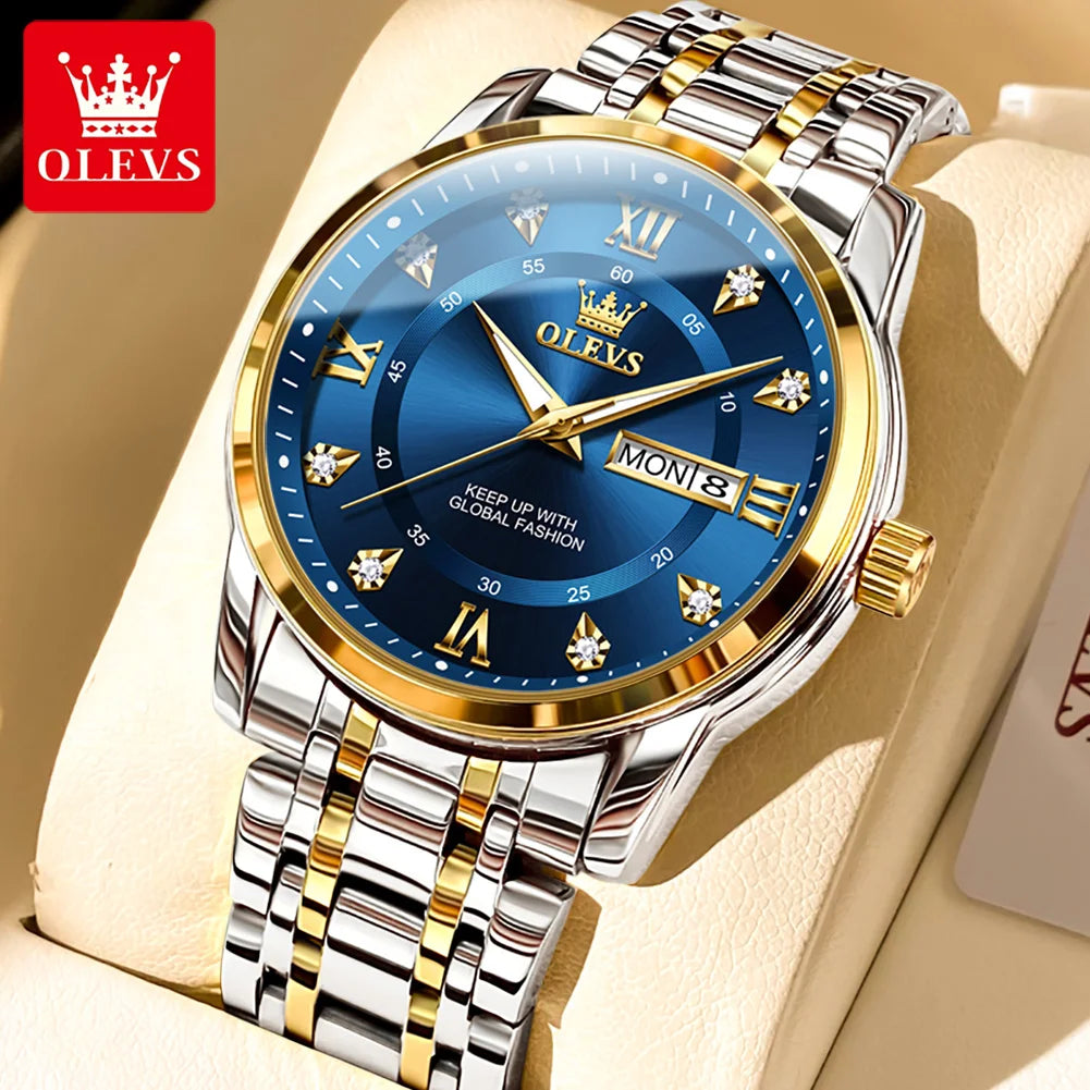 OLEVS Brand Fashion men's watches stainless steel waterproof Quartz wristwatch luminous Original watch for man Dual Calendar