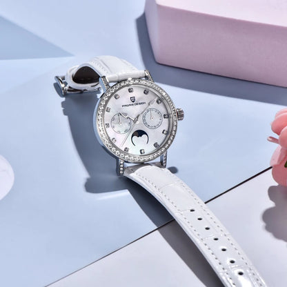 PAGANI DESIGN Women Quartz Watch Mop Dial Diamond Bezel Moon Phase Week Date Multi-function 50M Waterproof White Leather watch
