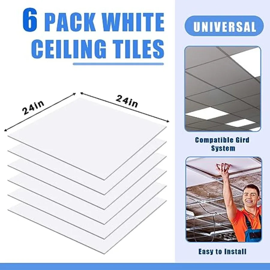 6 Pcs 2Feet X 2Feet Drop Ceiling Tiles PVC Smooth Ceiling Panel Easy Drop in Installation for Waterproof Washable and Fire Rate