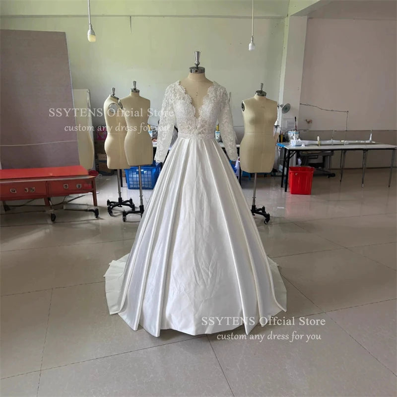 SSYTENS Customized Elegant Women's V-Neck Wedding Dressees Lace Applique Long Sleeved Elegant A-Line Bridal Gowns Formal Party