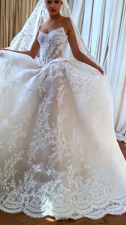 Customized Strapless Sweetheart Bride Dress Wedding Waist Tight corset Full Lace Church Training Wedding Dress