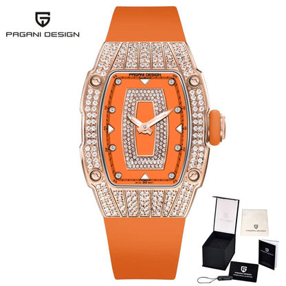 PAGANI DESIGN Top Luxury Diamond encrusted Women's Watch Fashion RubberWaterproof LuminousWine Bucket Case Women'sWatch+Gift Box