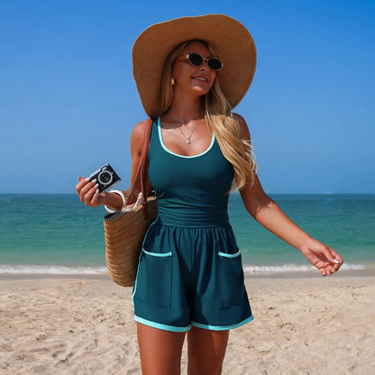 Trim Swimsuit Side Pockets Bathing Suit