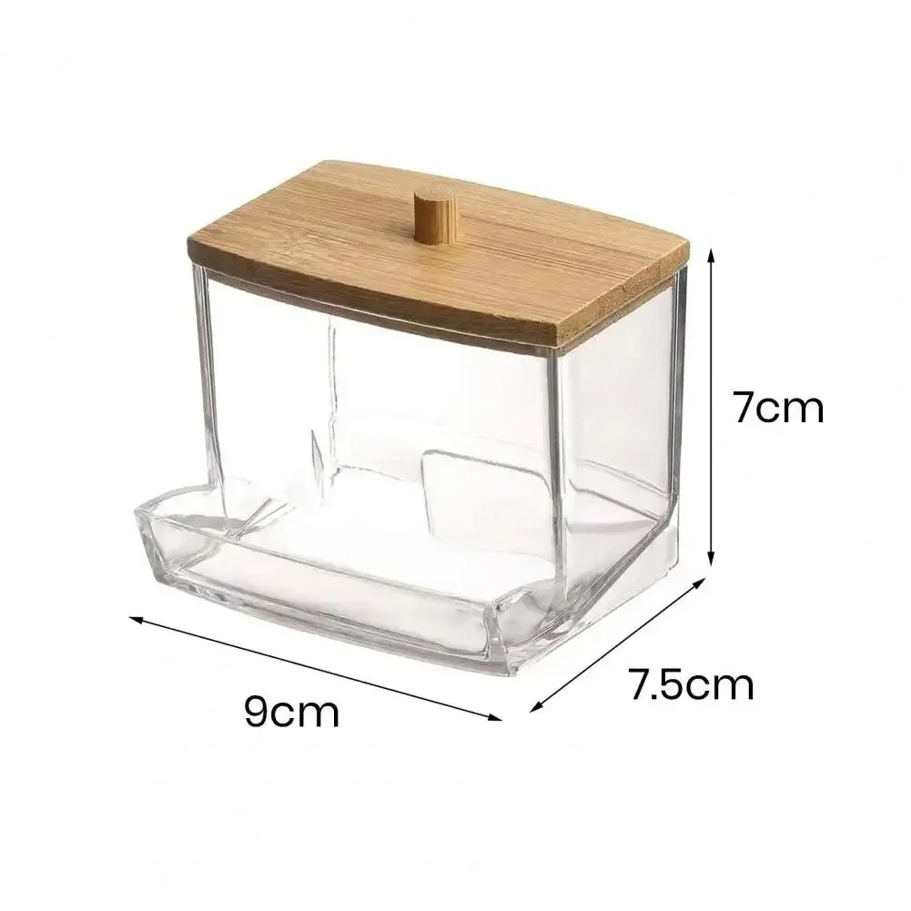 Cotton Swab Storage Box Double Head Cotton Buds Container Transparent Square Bamboo Cover Cotton Swab Toothpick Organize Box