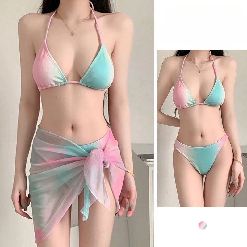 Women Pink Blue Bikini Sets Slimming Swimsuit Sexy Three Piece Swimwear Cute Floral Bathing Suit Summer Beachwear