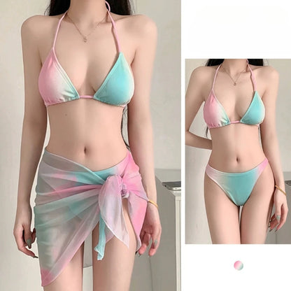 Women Pink Blue Bikini Sets Slimming Swimsuit Sexy Three Piece Swimwear Cute Floral Bathing Suit Summer Beachwear