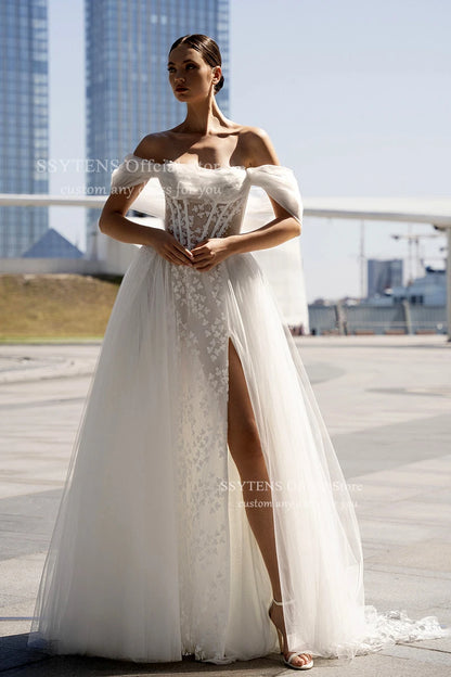 SSYTENS Vintage Boho Wedding Dresses Off Shoulder Lace Appliques A-Line Wedding Gown Elegant Sweetheart Bridal Gown Customized