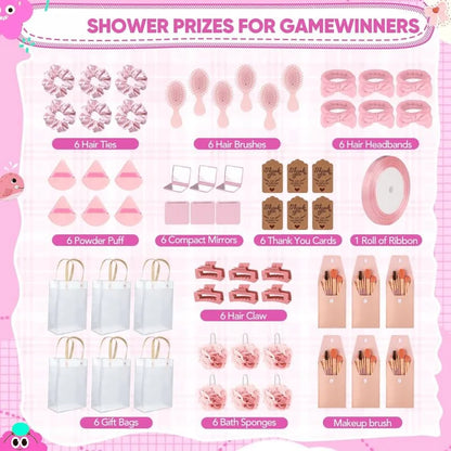 6Sets Shower Prizes For Winners Gifts Shower Favors Including Headband Hair Brush Compact Mirror Bath Sponges Powder Puff Hair Tie Claw Makeup Brushes Gift Bag Bridal Shower, Christmas Gift Set
