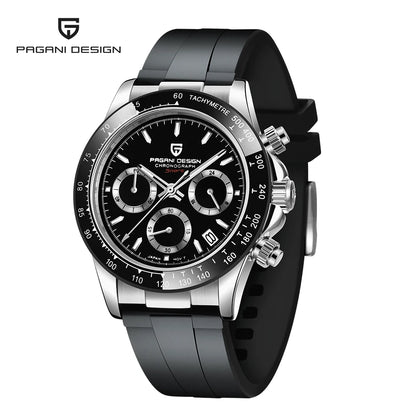 PAGANI DESIGN Men Quartz Chronograph Watch RoseGold Case Black Ceramic Bezel Brown Dial Rubber Strap Waterproof Sports watch+box