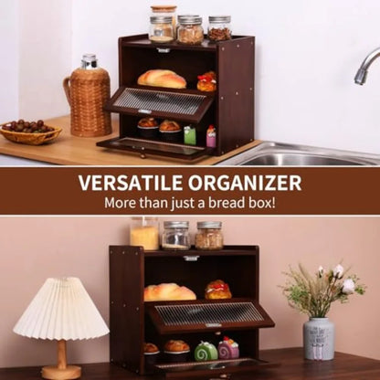 Double 2 Layer Large Bread Box for Kitchen Counter, Wooden Bread Storage Container Organizer Holder with Acrylic Window