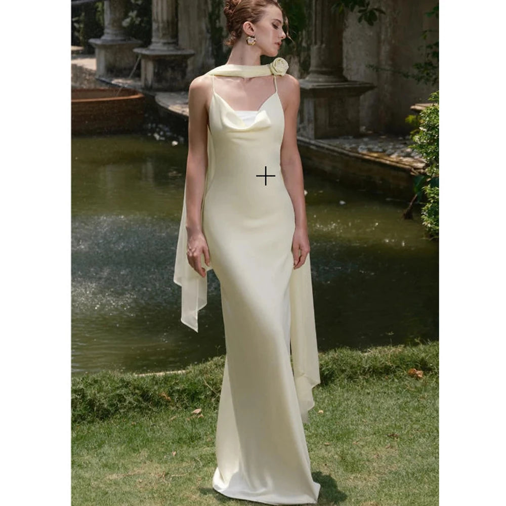 Champagne Yellow Satin Spaghetti Strap Evening Dress Women’s Elegant Flower Decor Formal Gown Slim Maxi Dress Wedding Prom