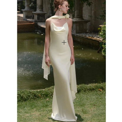 Champagne Yellow Satin Spaghetti Strap Evening Dress Women’s Elegant Flower Decor Formal Gown Slim Maxi Dress Wedding Prom