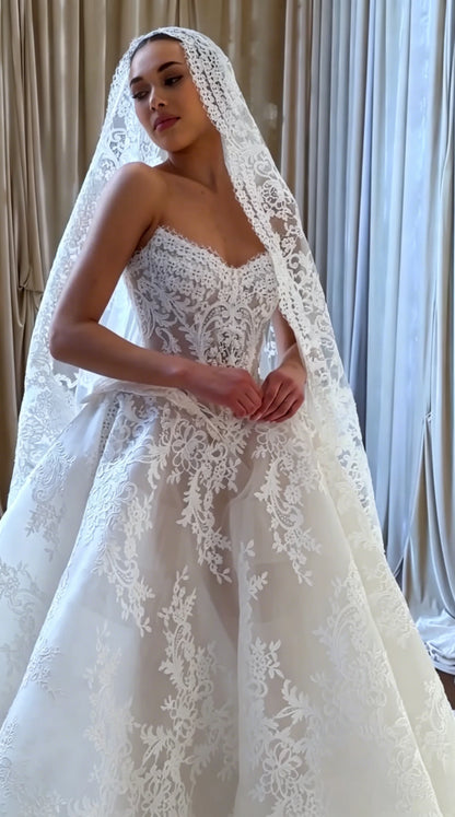 Customized Strapless Sweetheart Bride Dress Wedding Waist Tight corset Full Lace Church Training Wedding Dress