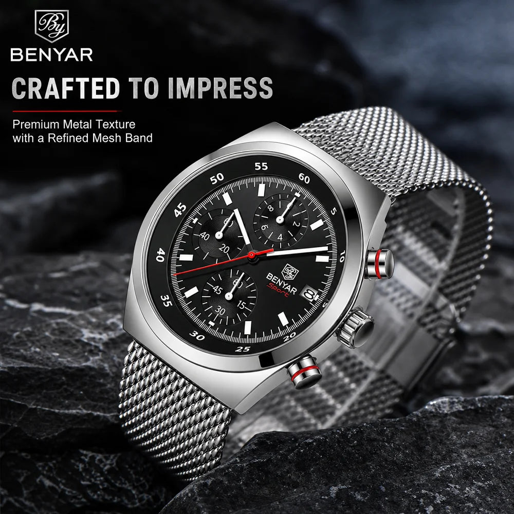 BENYAR Top Luxury Brand Men's Business Leisure Watch Mesh Band Quartz Timing Men's Watch 30 Meter Waterproof