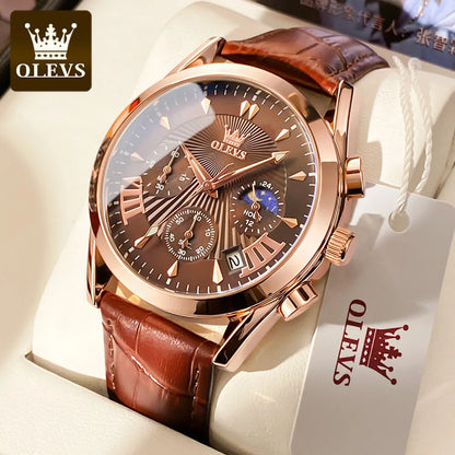 OLEVS casual fashion men's watches Moon Phase Chronograph waterproof man wristwatch Leather strap trend genuine watch for man