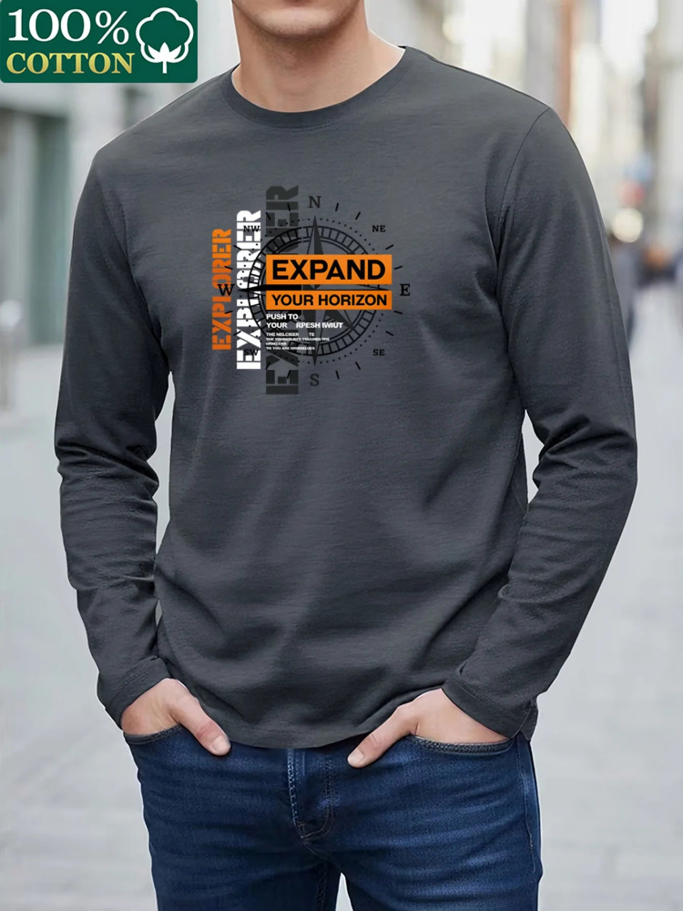 100% pure cotton men's long sleeved round neck loose compass explorer pattern printed casual versatile T-shirt top