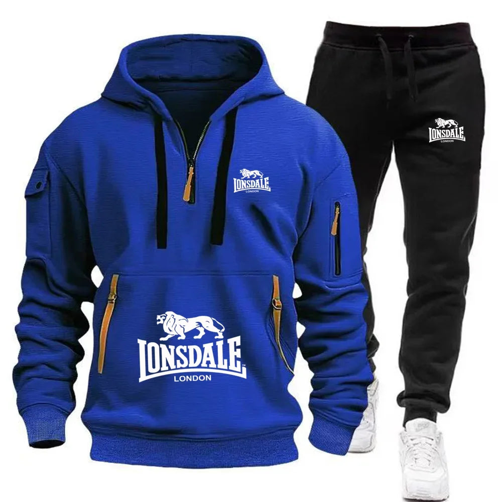 LONSDALE Men's Kangaroo Pocket Hoodie Set 2026 New Autumn Winter Fleece Sweatshirt + Sports Pants 2 Piece Tracksuit Casual Fitne