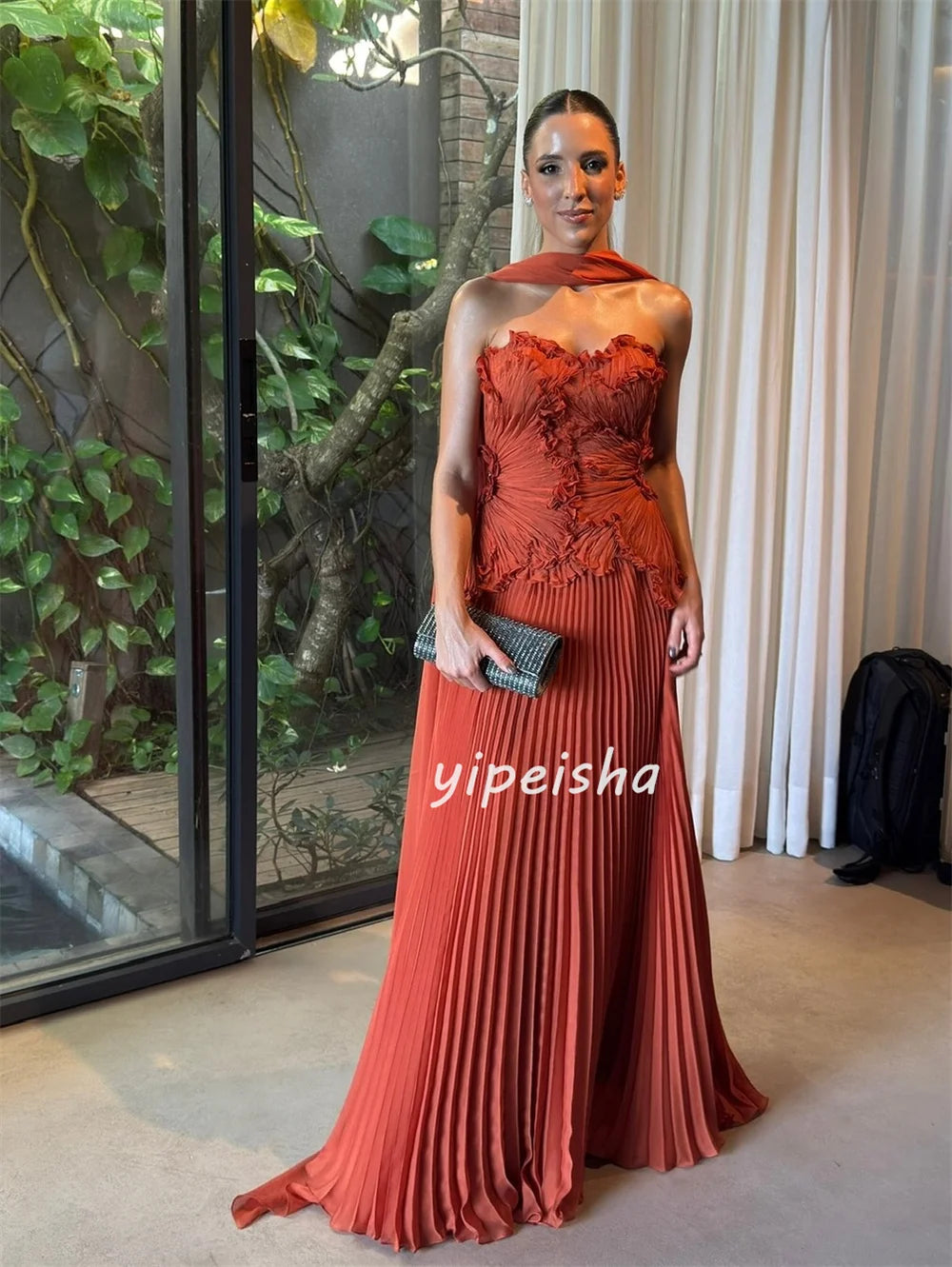 Customized Matching Classic Chiffon Ruched Pleat Straight Strapless Long Dresses Bespoke Occasion Dresses Sizes Available Simple