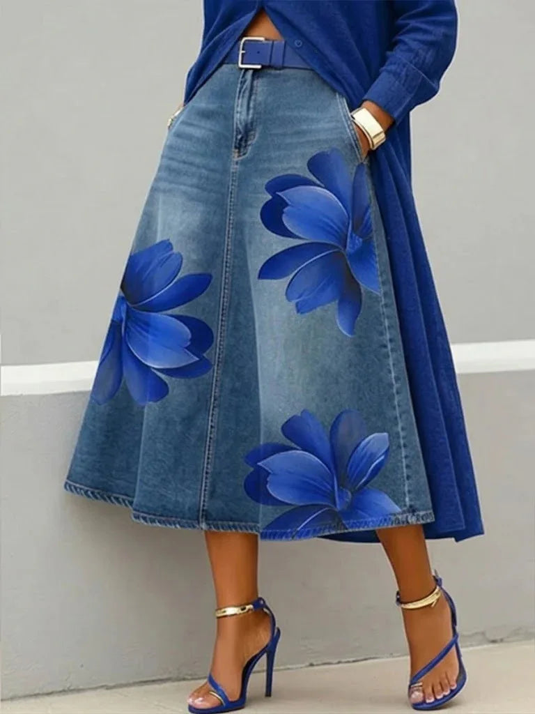 Denim Skirts Women Mid Length Skirt A Line Floral Print Pockets Elegant Splice Y2k Streetwear Work Beach Casual Washed Summer