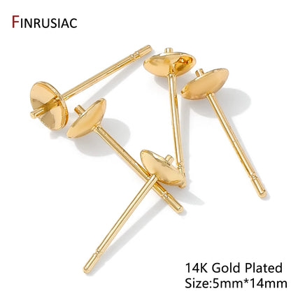 14K Gold Plated Brass Earring Stud Base Blank Post Ear Studs Tray Earplug For Pearl DIY Earring Making Accessories