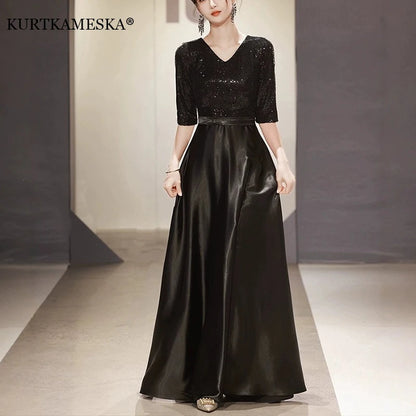 Black Wedding Dresses for Bride Elegant Sexy V Neck Sparkling Glitter Long Formal Prom Evening Guest Party Women Dress Summer