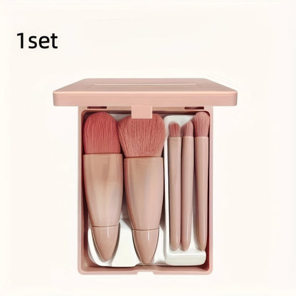 Portable Pink Makeup Brush Kit 5PCS Compact With Mirror Soft Bristles Blush Eyeshadow Foundation Beauty Tools