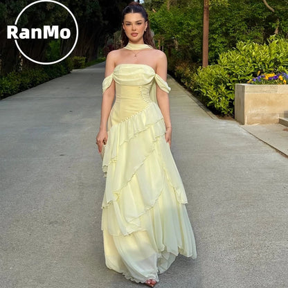 Ranmo Prom Gown Yellow Strapless 2026 A Line Ruffled Party Gown Chiffon Floor Length Evening Dress Vestidos De Gala Customized