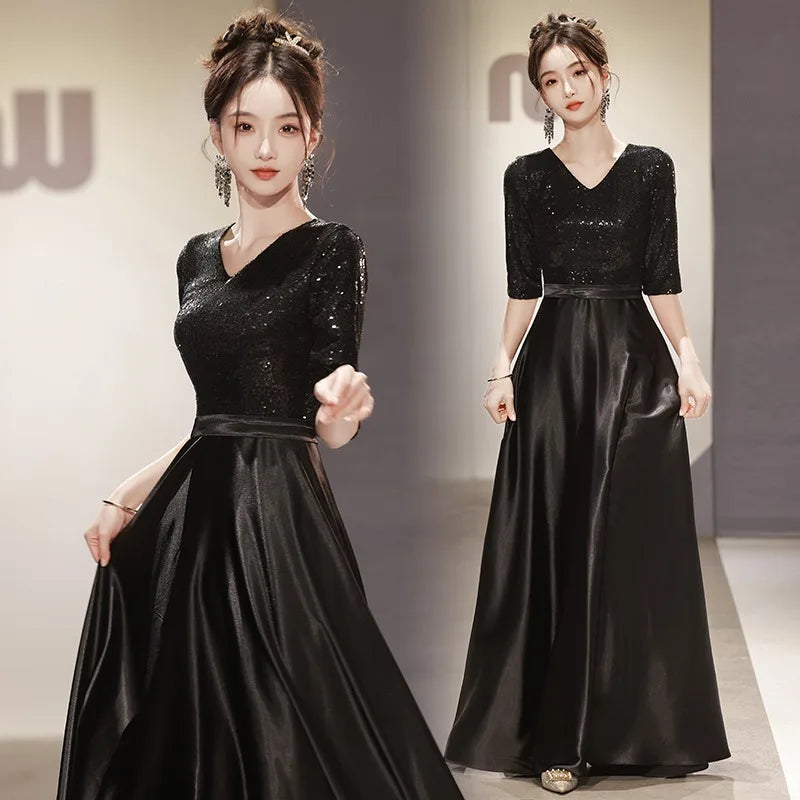 Black Wedding Dresses for Bride Elegant Sexy V Neck Sparkling Glitter Long Formal Prom Evening Guest Party Women Dress Summer