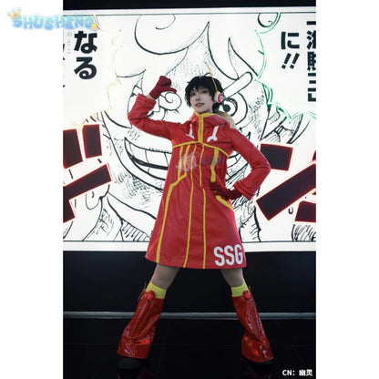 Monkey D Luffy Egghead Cospaly Costume Anime OP Red leather coat skirt hat shoe cover Halloween party cute woman man uniform