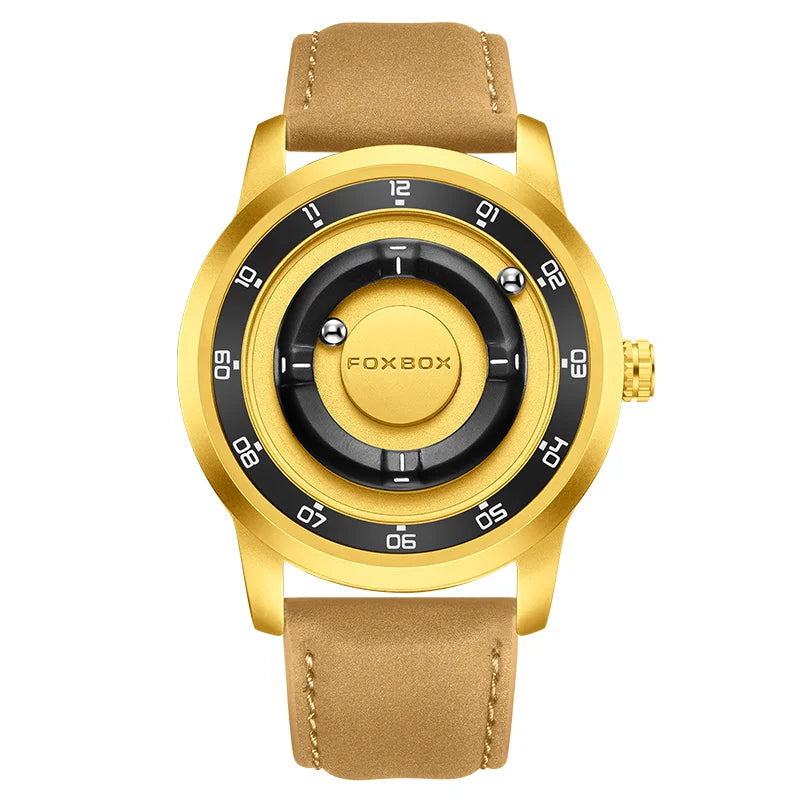 FOXBOX Magnetic Driven Watch Fashion Waterproof Quartz Wristwatch Rolling Steel Ball Pointer Sports Watches Military Clock+Box
