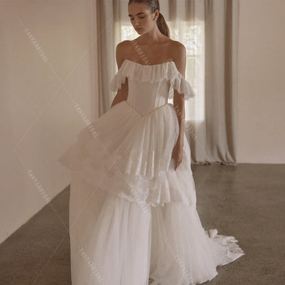 Romantic Lace And Tulle Wedding Dress A Line Off The Shoulder Sweep Train Elegant Bridal Gown Customized