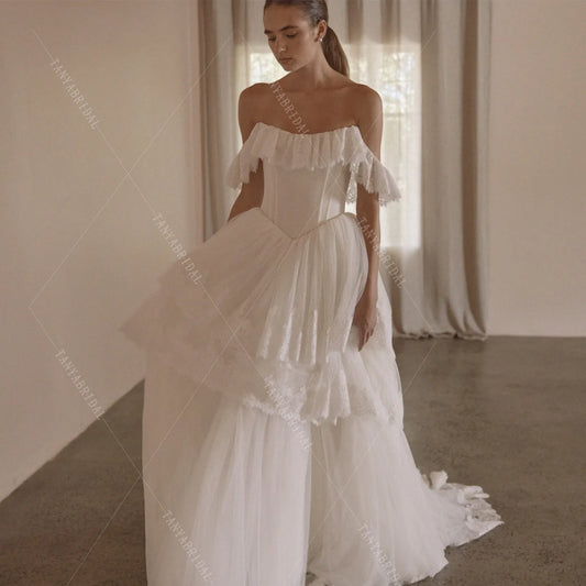 Romantic Lace And Tulle Wedding Dress A Line Off The Shoulder Sweep Train Elegant Bridal Gown Customized