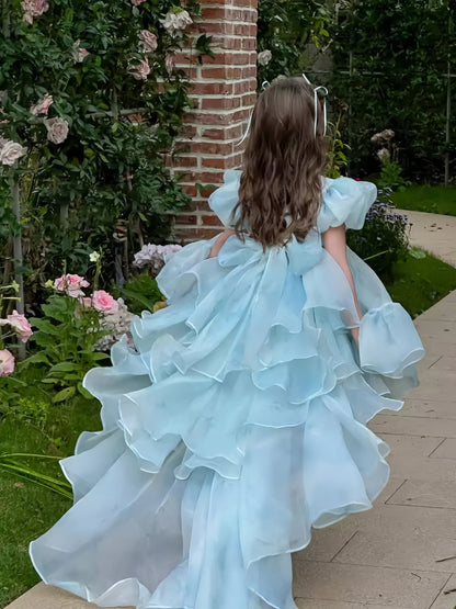 Blue Tulle Gown  Girls' Bow Party Dress Girls' Formal Wear Flower Girl Dress Girls' Princess Dress