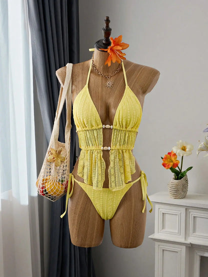 Cream Lace Halter Neck Tankini Set With Beaded Detail And Tie Side Bottoms