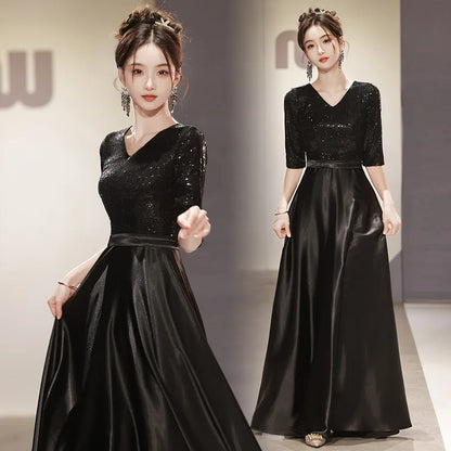 Black Wedding Dresses for Bride Elegant Sexy V Neck Sparkling Glitter Long Formal Prom Evening Guest Party Women Dress Summer