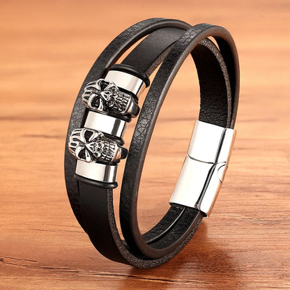 XQNI Luxury Vintage Multilayer Leather Men Bracelet Bead Bracelet Stainless Steel Charm Jewelry Male Wrist Bangle Birthday Gift