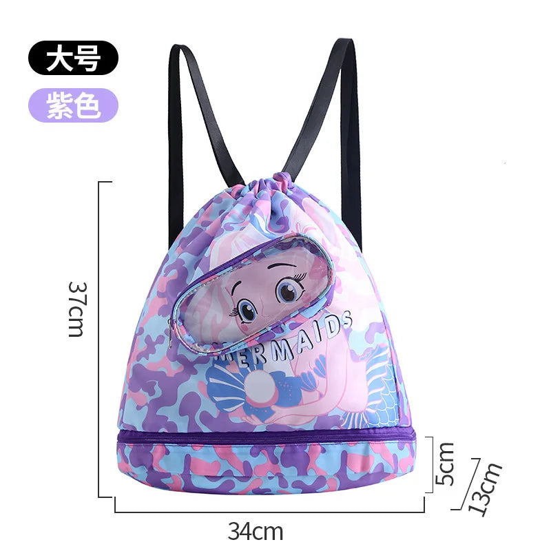 Portable Kids Swimming Bag Waterproof Dry Wet Separation Backpack with Cartoon Print, Essential Organizer for Children's Sports