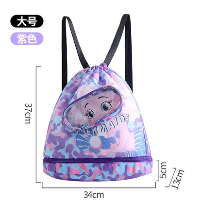 Portable Kids Swimming Bag Waterproof Dry Wet Separation Backpack with Cartoon Print, Essential Organizer for Children's Sports
