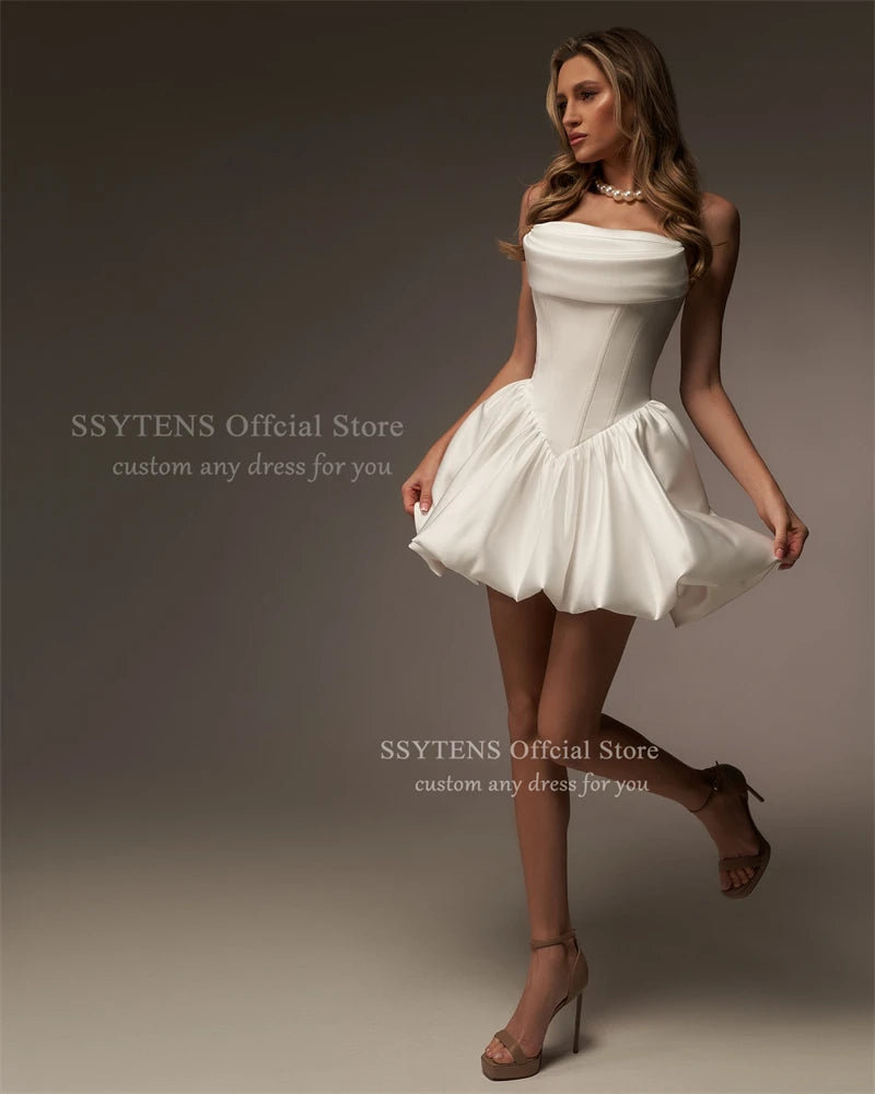 SSYTENS Vintage Satin Wedding Party Dresses Strapless Short A Line Ivory Lace Up Back Vestidos Para Mujer Bridal Gown Customized
