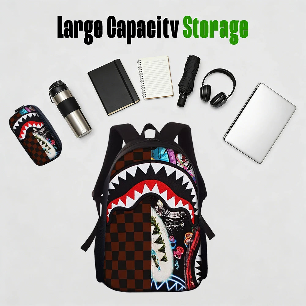 1/2/3/4/5PCS Trendy Shark Graphic Backpack Set | Perfect for School & Daily Adventures