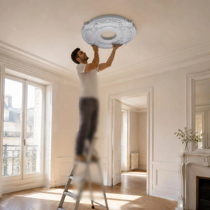 Round PU Ceiling Medallion Scroll Decorative Ceiling Medallion Light Plate Lightweight Trim Collar Easy to Install