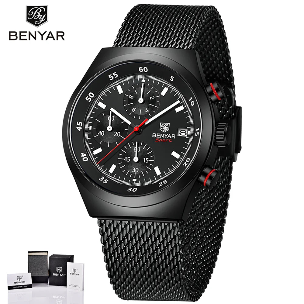 BENYAR Top Luxury Brand Men's Business Leisure Watch Mesh Band Quartz Timing Men's Watch 30 Meter Waterproof
