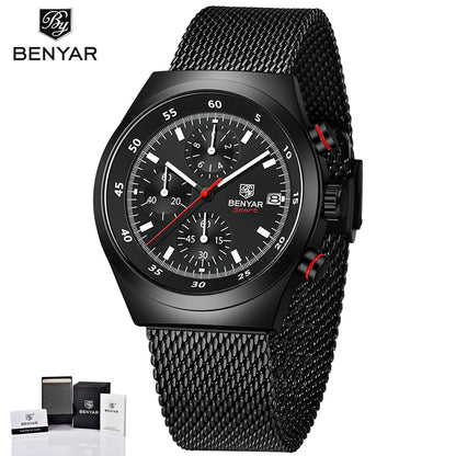 BENYAR Top Luxury Brand Men's Business Leisure Watch Mesh Band Quartz Timing Men's Watch 30 Meter Waterproof